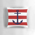 Navy blue anchor print throw pillow with red and white striped design, perfect for nautical or coastal home decor