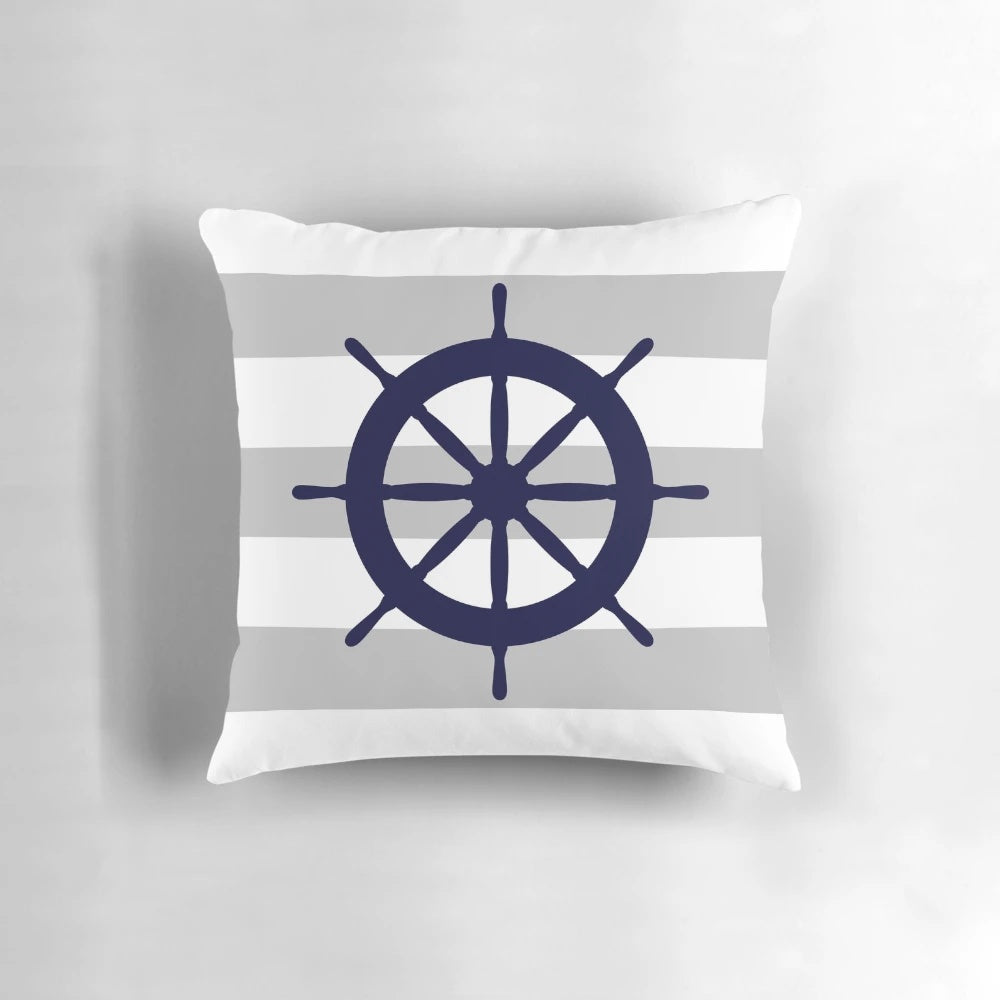 Nautical Navy Blue and Silver Gray Striped Ship's Steering Wheel Pillow
