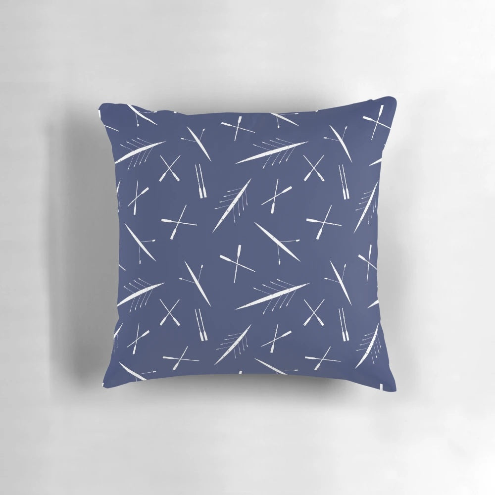 Navy blue and white scull pattern pillow with crossed oars design, perfect for rowing club enthusiasts