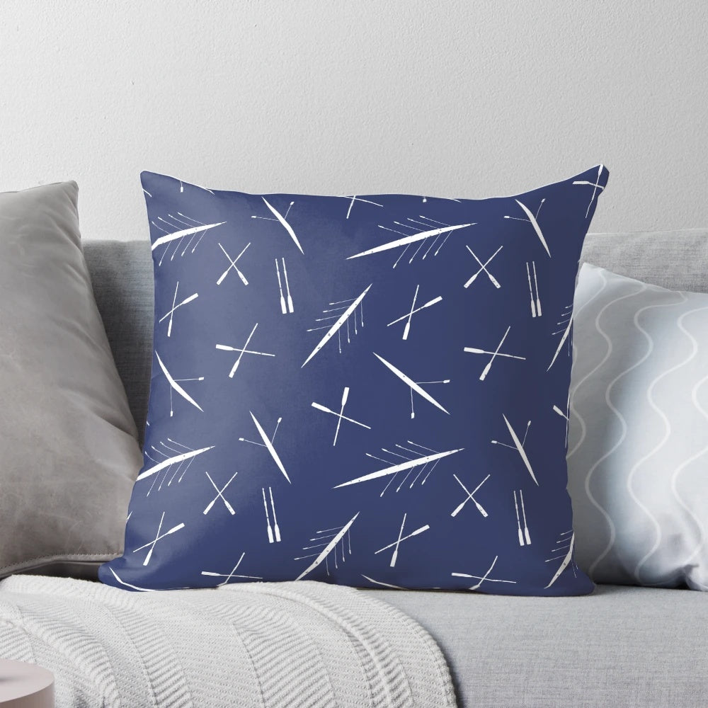 Navy blue and white scull pattern pillow with crossed oars design, perfect for rowing club enthusiasts
