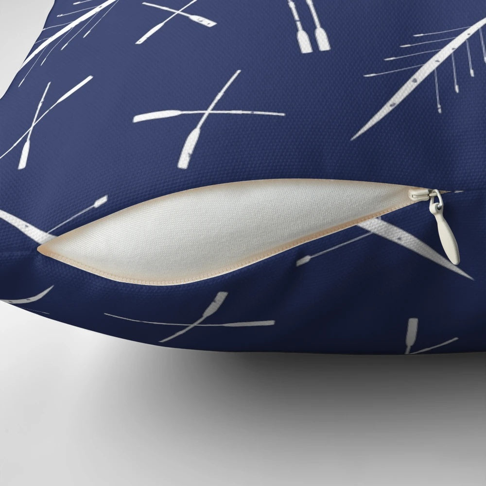 Navy blue and white scull pattern pillow with crossed oars design, perfect for rowing club enthusiasts