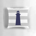 Navy blue lighthouse design on a gray and white striped pillow