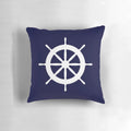 White ship steering wheel against a navy blue background on a plush, high-quality pillow.