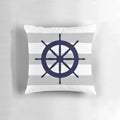 Navy blue and gray striped nautical-themed accent pillow with a steering wheel design