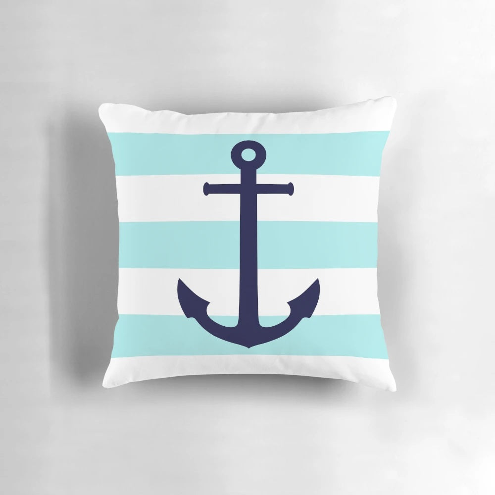 Nautical navy blue and white striped pillow with anchor design