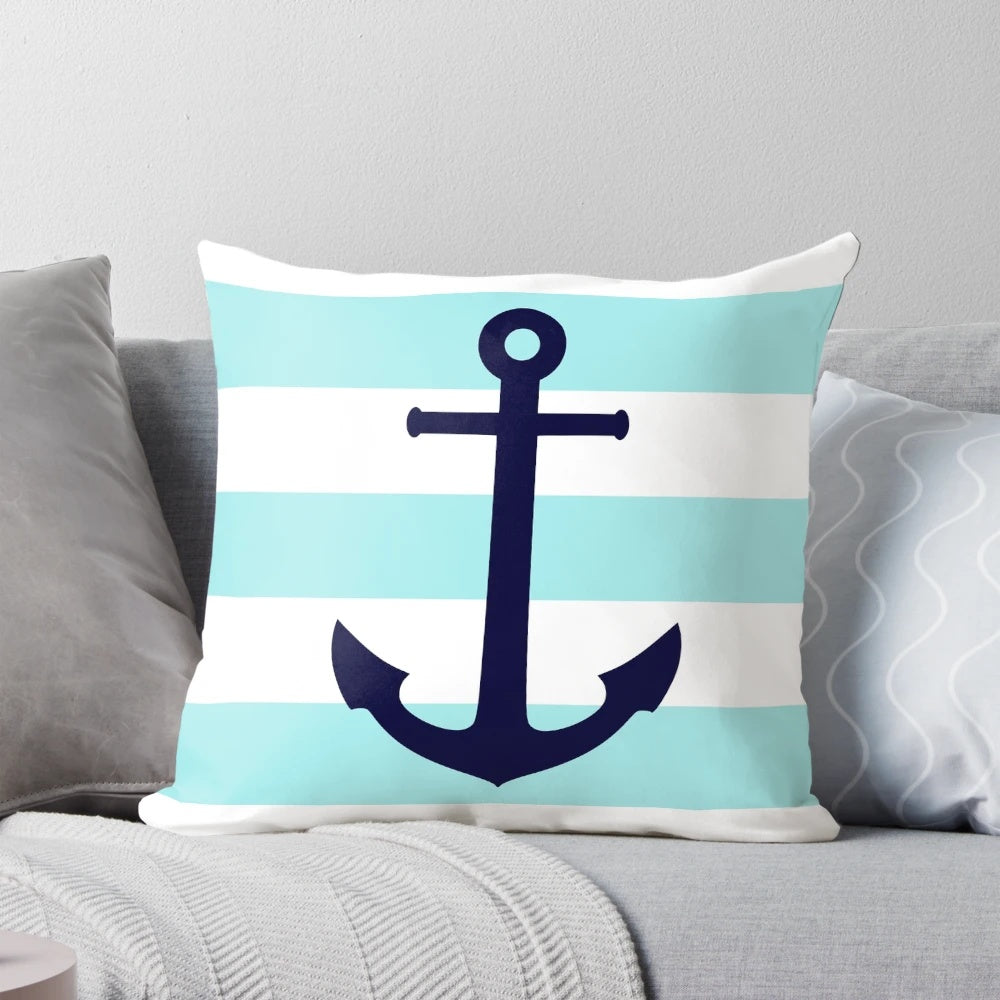 Nautical navy blue and white striped pillow with anchor design