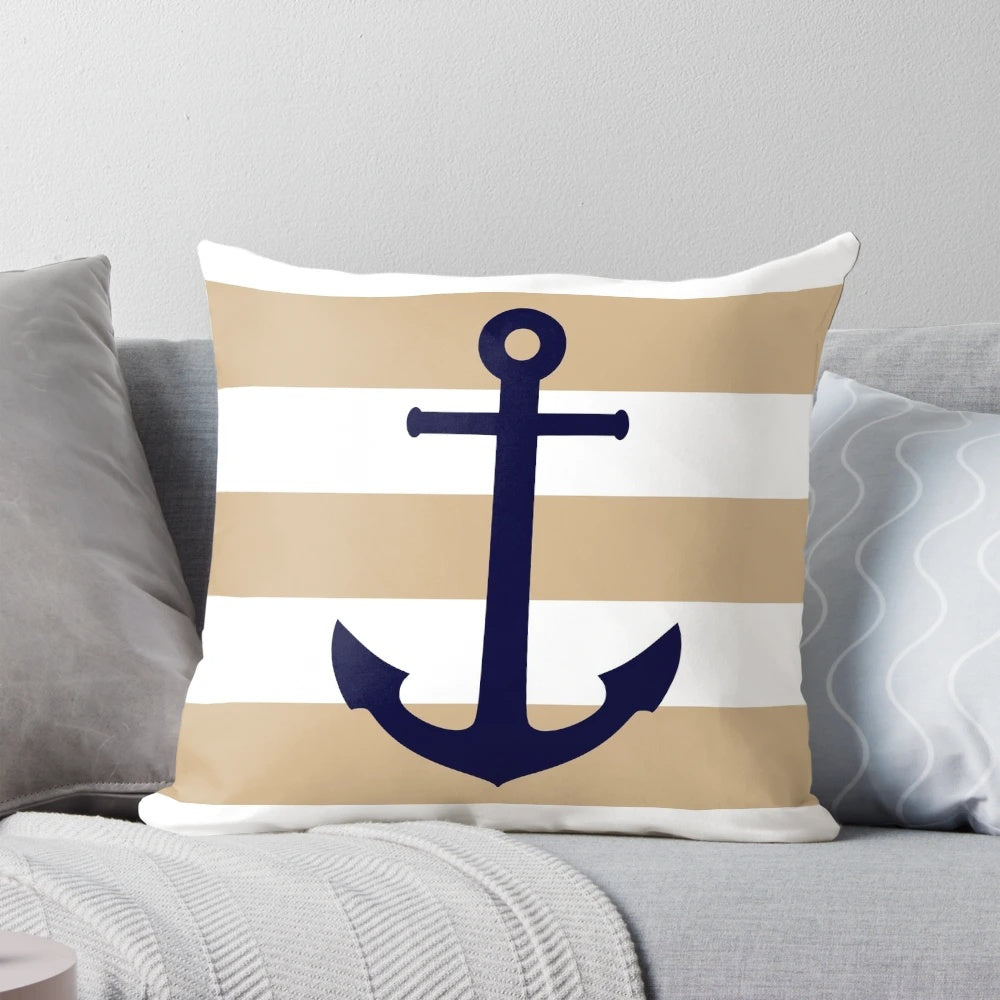 Nautical navy blue and white striped pillow with an anchor design, perfect for coastal home decor