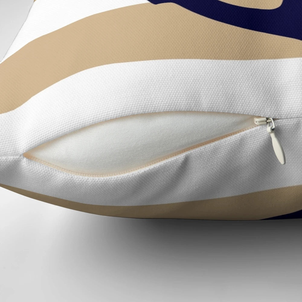 Nautical navy blue and white striped pillow with an anchor design, perfect for coastal home decor