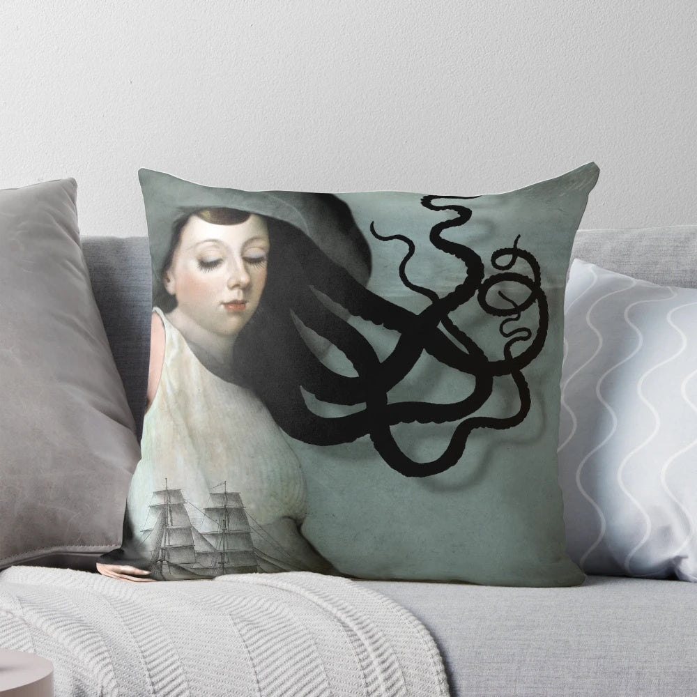 Decorative pillow featuring a girl with a sailing ship design, perfect for nautical and coastal home decor.
