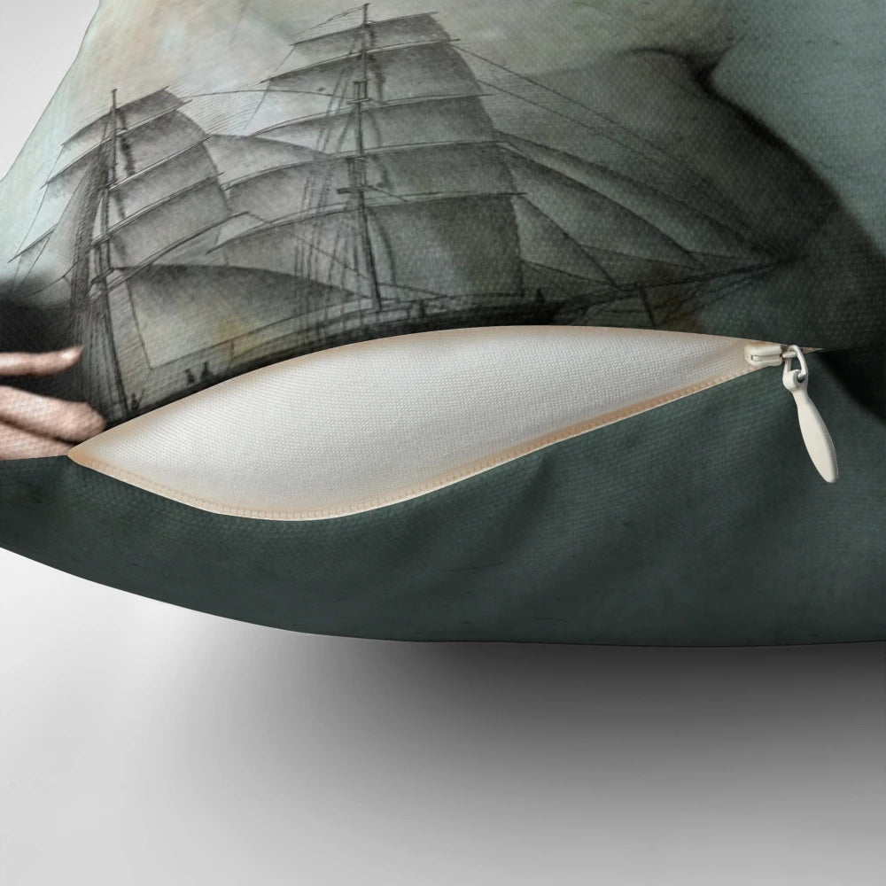 Decorative pillow featuring a girl with a sailing ship design, perfect for nautical and coastal home decor.