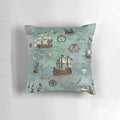 Decorative throw pillow featuring a pirate map print in ocean blue and sea glass green colors.