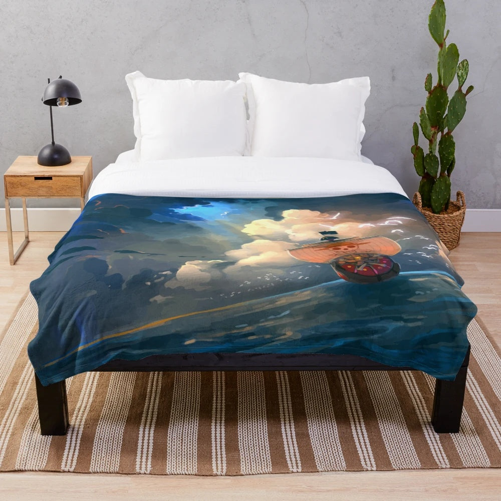 Plush blanket featuring a dreamy pirate ship design inspired by anime