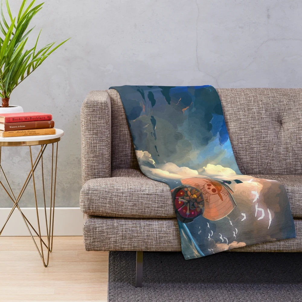 Plush blanket featuring a dreamy pirate ship design inspired by anime