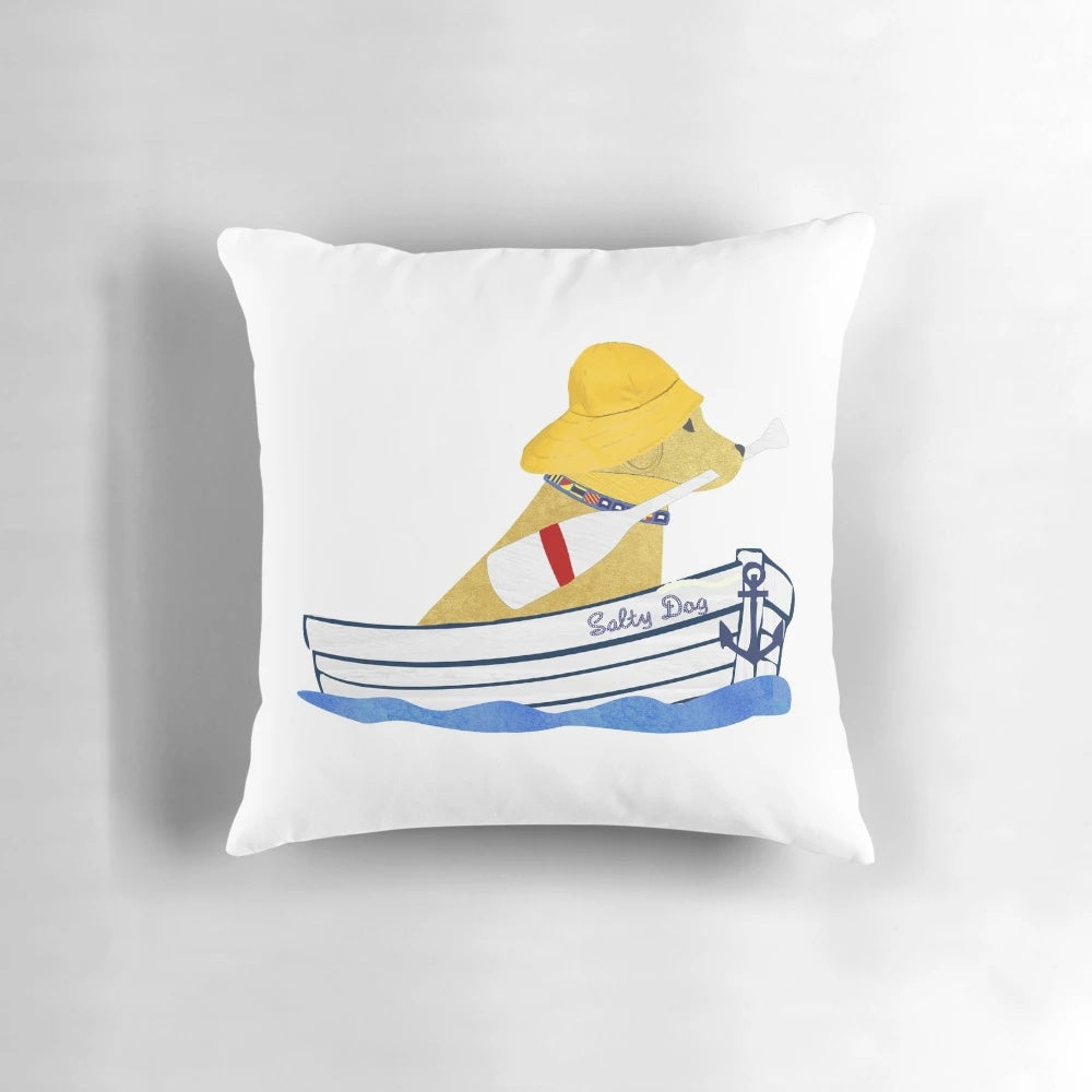 Vibrant yellow labrador retriever dog artwork on a nautical themed pillow.