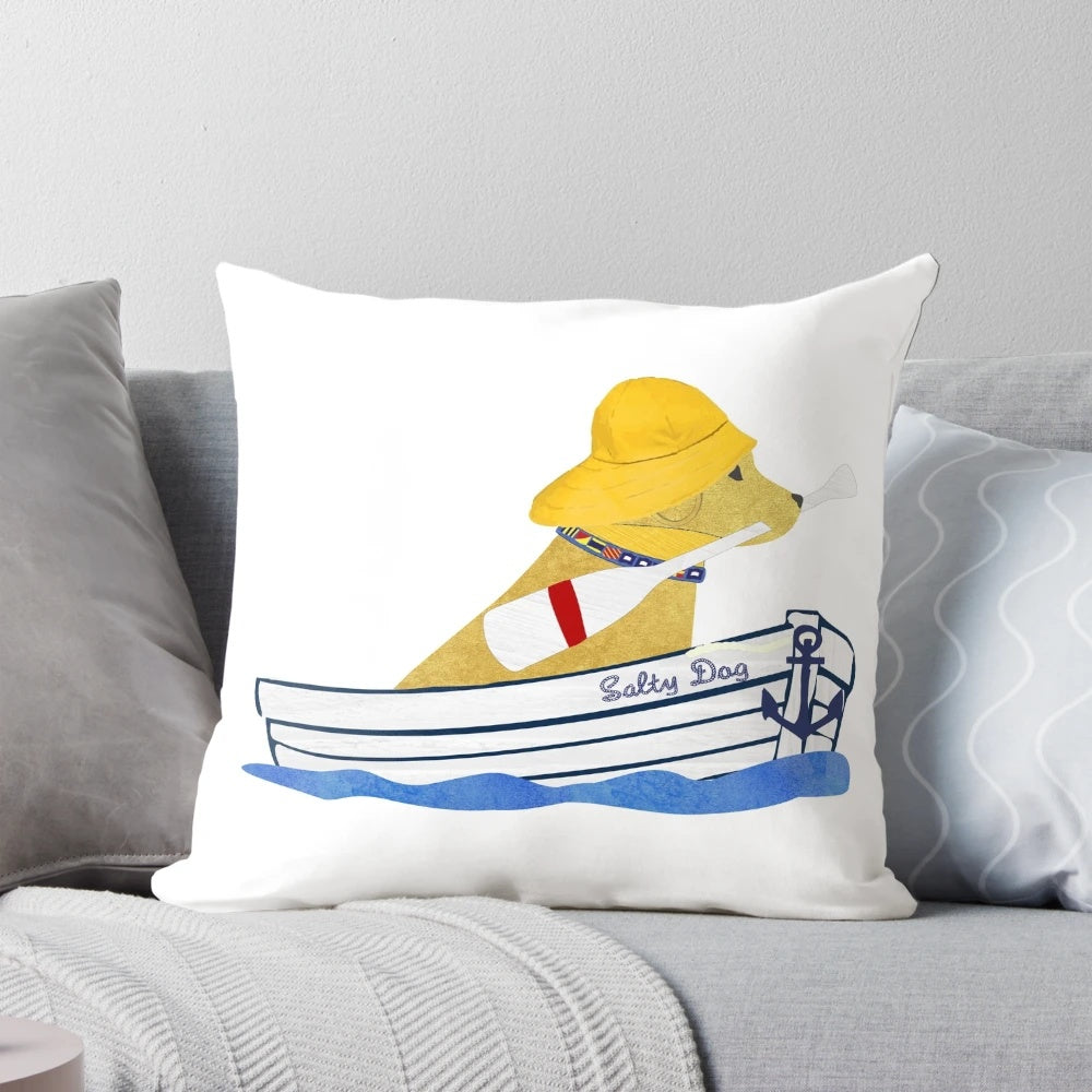 Vibrant yellow labrador retriever dog artwork on a nautical themed pillow.