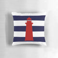 Nautical red lighthouse design on a navy blue and white striped pillow