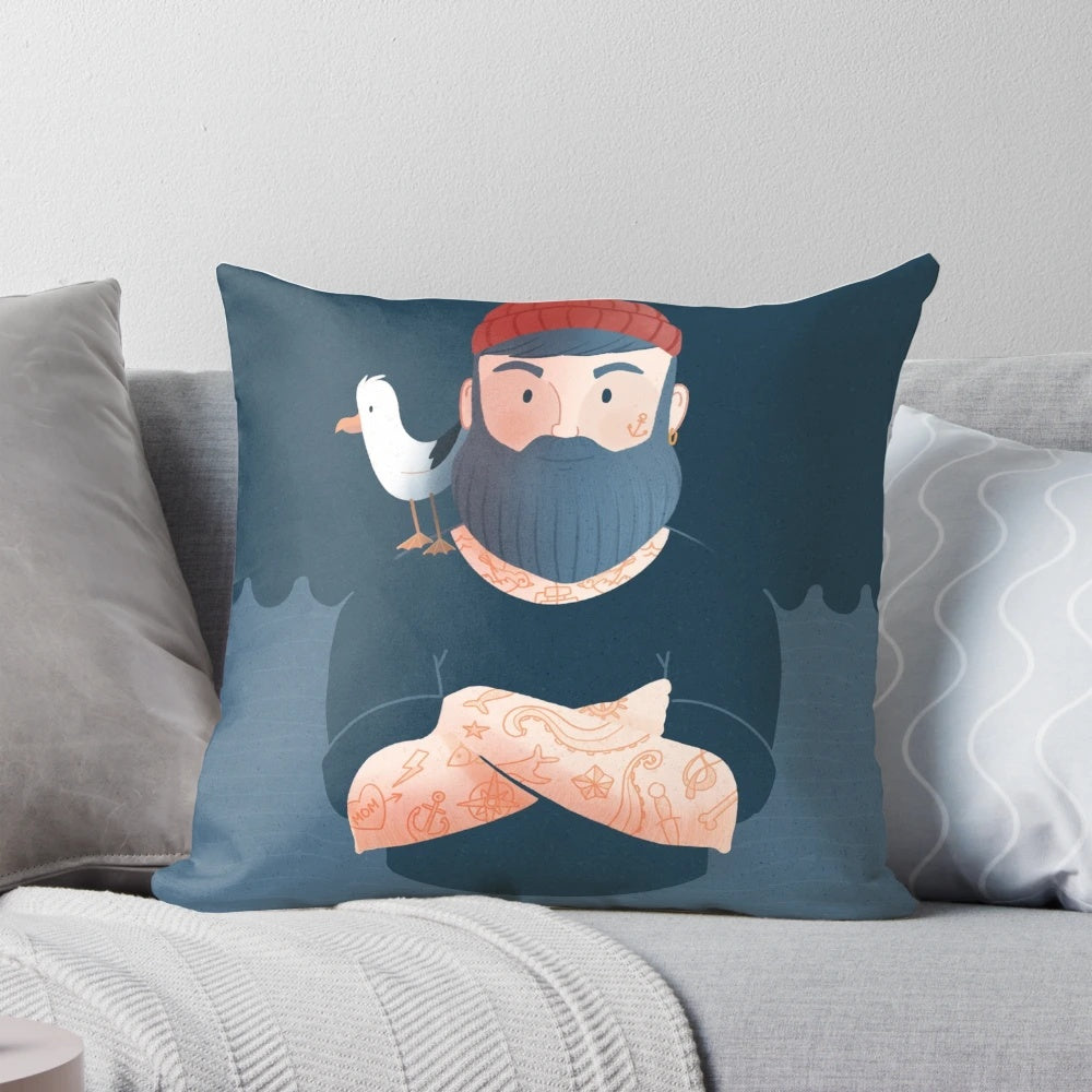 Nautical-themed throw pillow with a vintage illustration of a sailor and seagull.