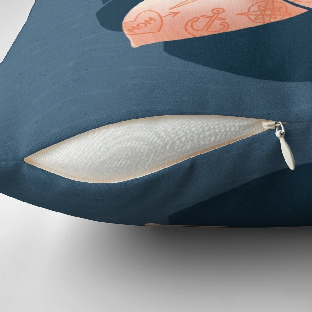 Nautical-themed throw pillow with a vintage illustration of a sailor and seagull.