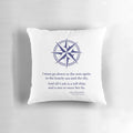 A decorative pillow featuring a nautical star design and the poem "Sea Fever" by poet John Masefield.