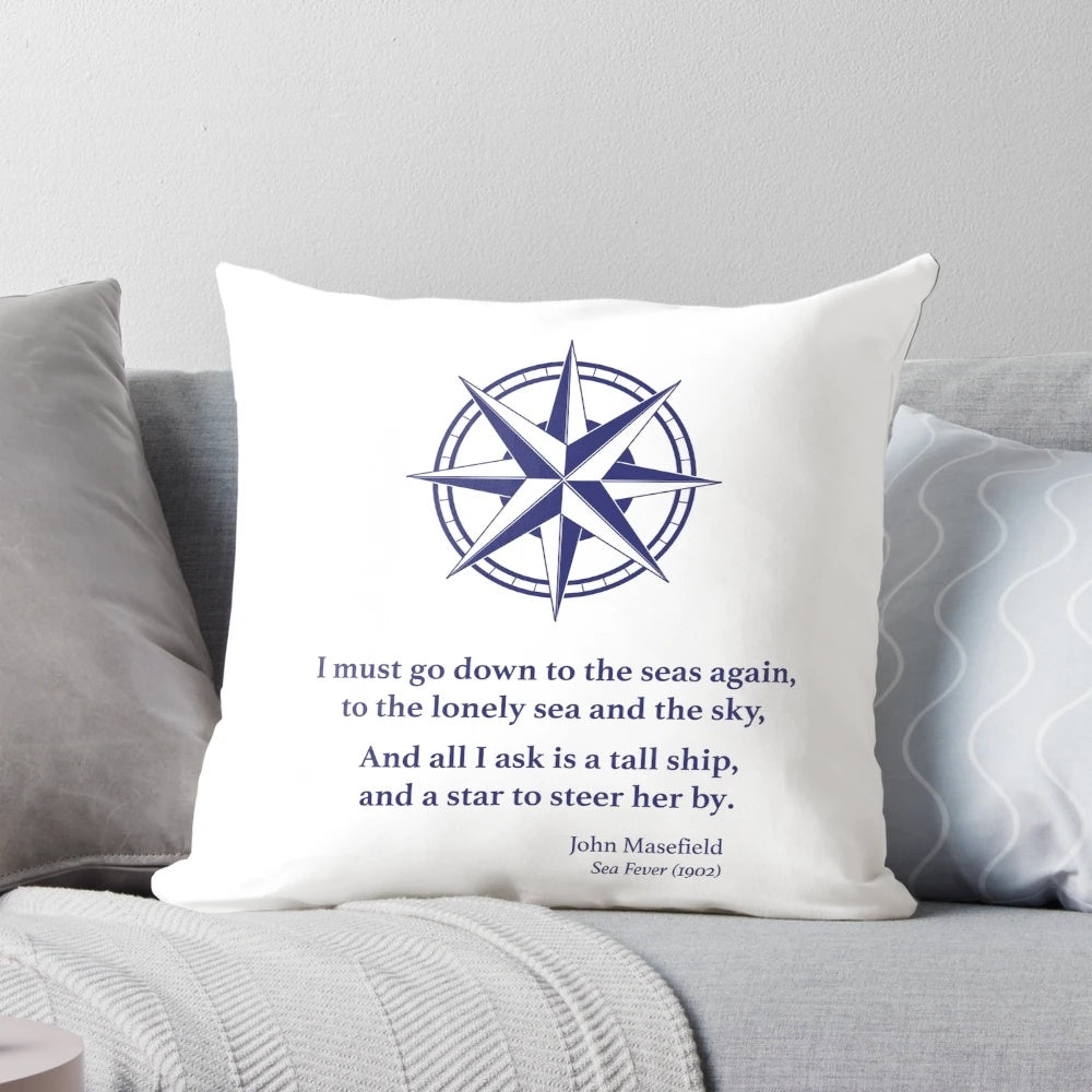 A decorative pillow featuring a nautical star design and the poem "Sea Fever" by poet John Masefield.