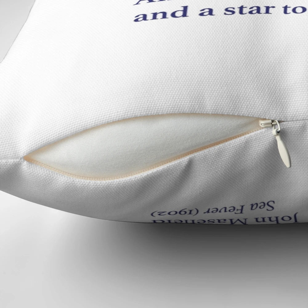 A decorative pillow featuring a nautical star design and the poem "Sea Fever" by poet John Masefield.