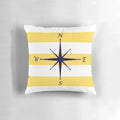 Navy blue and mustard yellow striped pillow with a compass design, perfect for coastal or nautical-themed home decor.