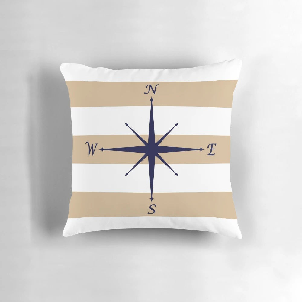 Nautical tropical striped throw pillow with a compass design