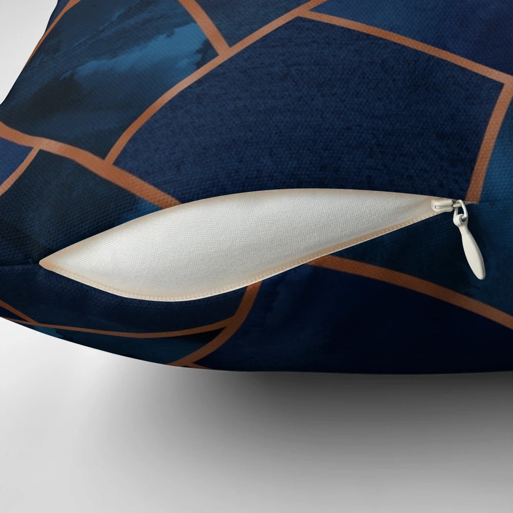 Navy and copper geometric patterned decorative throw pillow