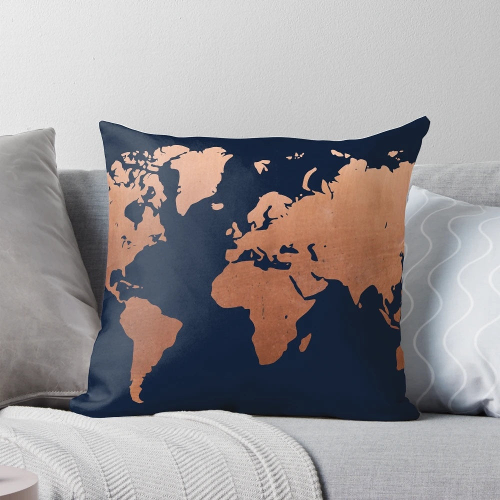 Navy blue and copper world map design decorative throw pillow