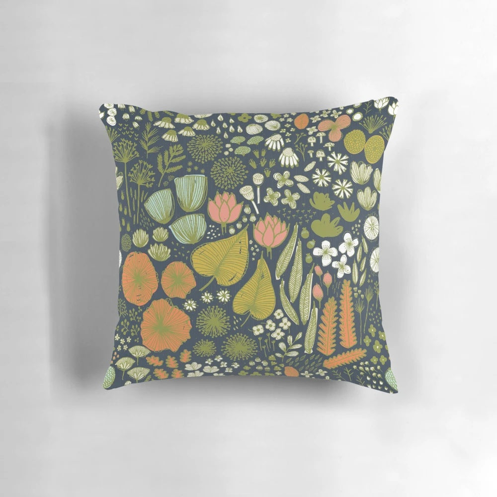 Navy blue botanical throw pillow with floral sketch design