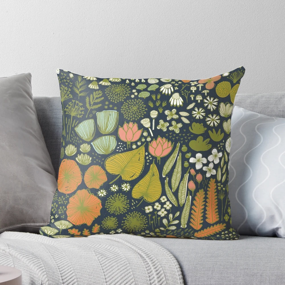 Navy blue botanical throw pillow with floral sketch design