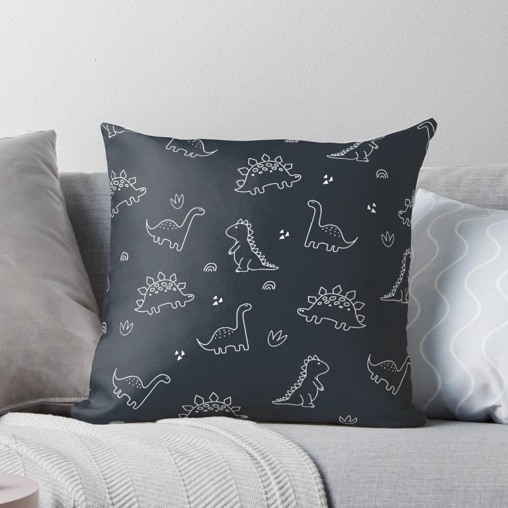 Navy blue dinosaur illustration printed on a plush, high-quality throw pillow