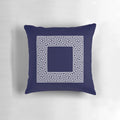 Navy blue square throw pillow with a classic Greek key meander border design