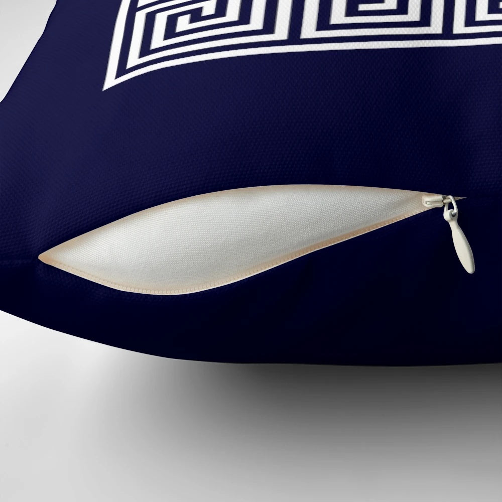 Navy blue square throw pillow with a classic Greek key meander border design
