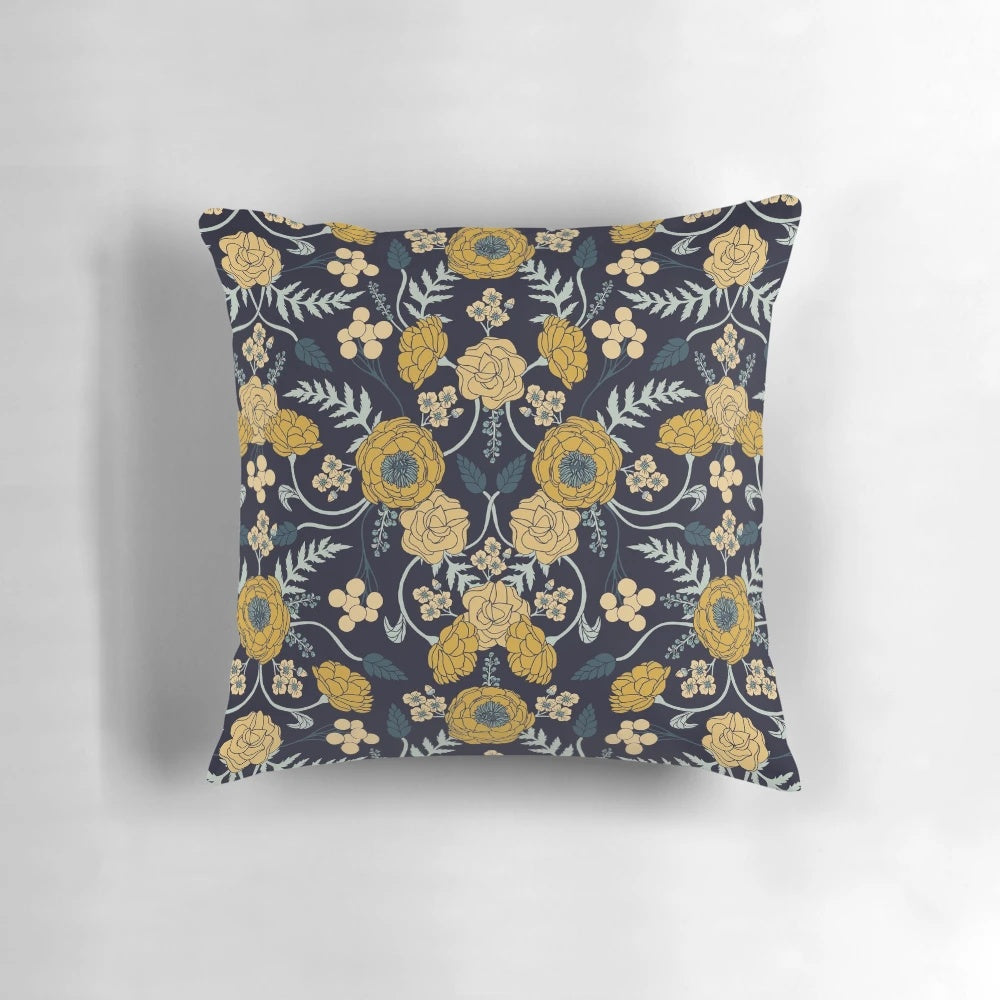Navy blue, turquoise, and dark floral pattern decorative pillow