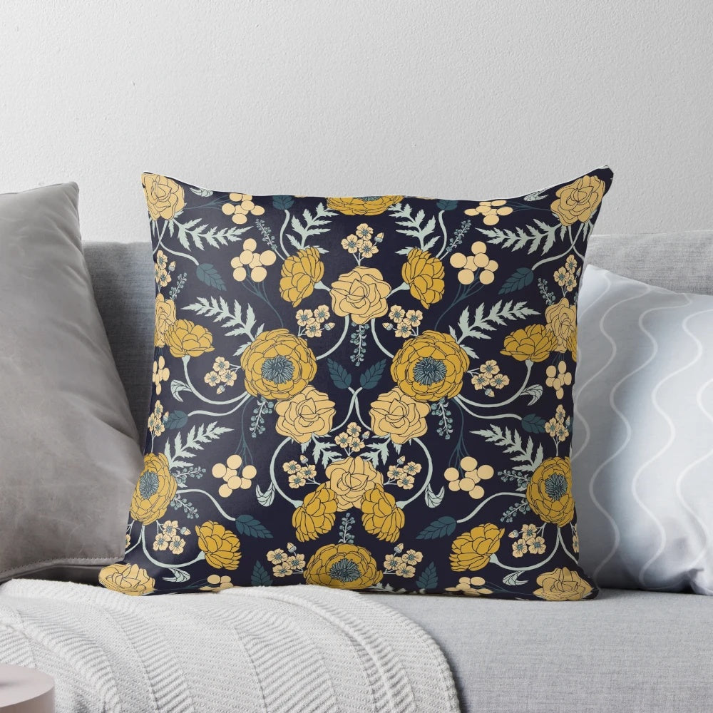 Navy blue, turquoise, and dark floral pattern decorative pillow
