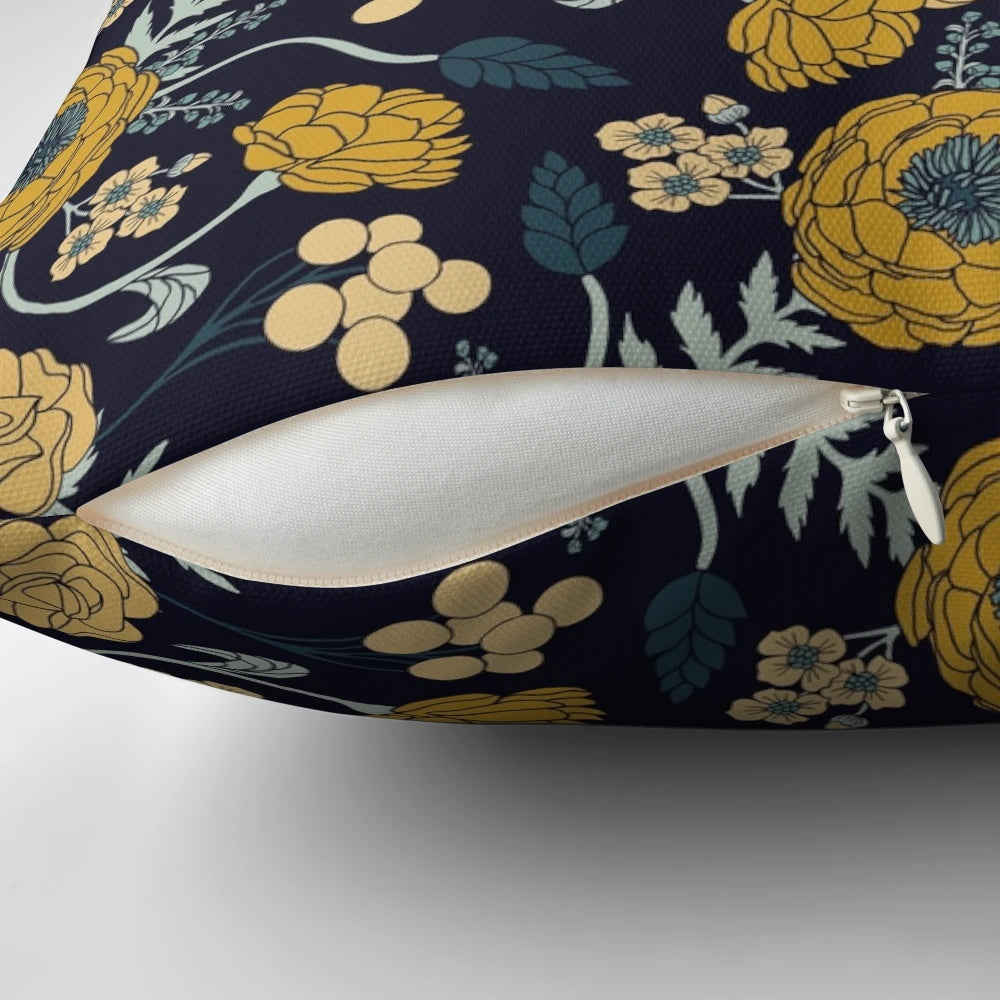 Navy blue, turquoise, and dark floral pattern decorative pillow