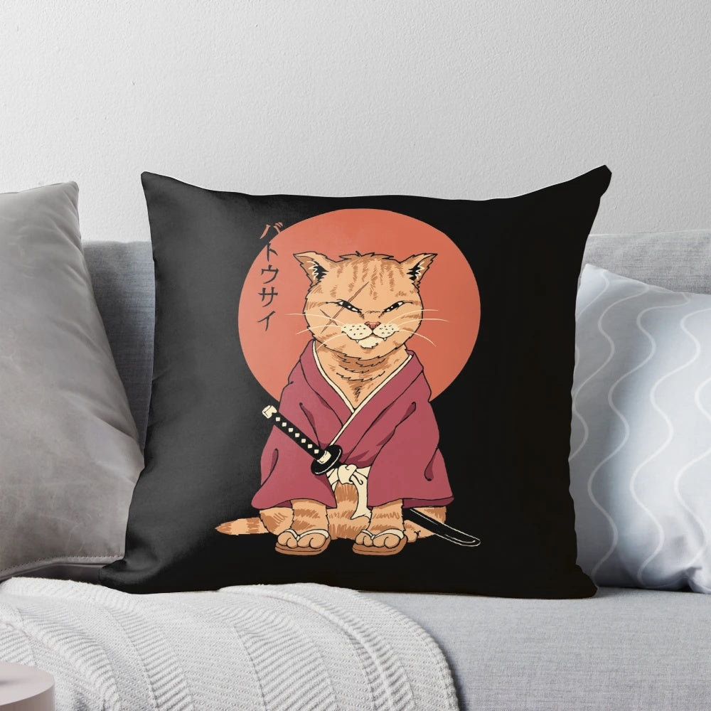 Neko Battousai Japanese cat samurai pillow with catana sword and retro ukiyo-e art