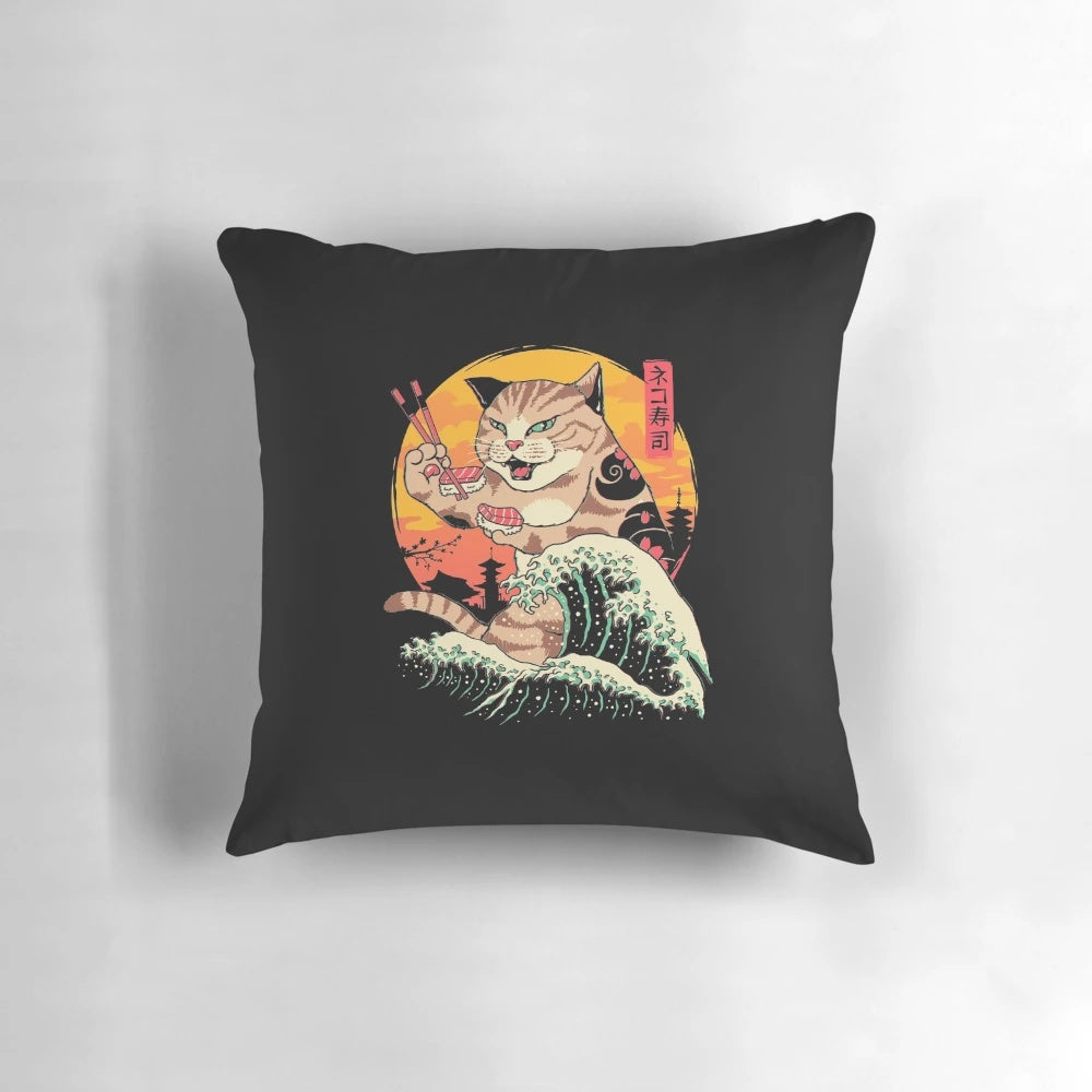 A fluffy, cat-shaped pillow featuring a Japanese-inspired wave design and sushi motif, perfect for adding a touch of whimsical style to any room.