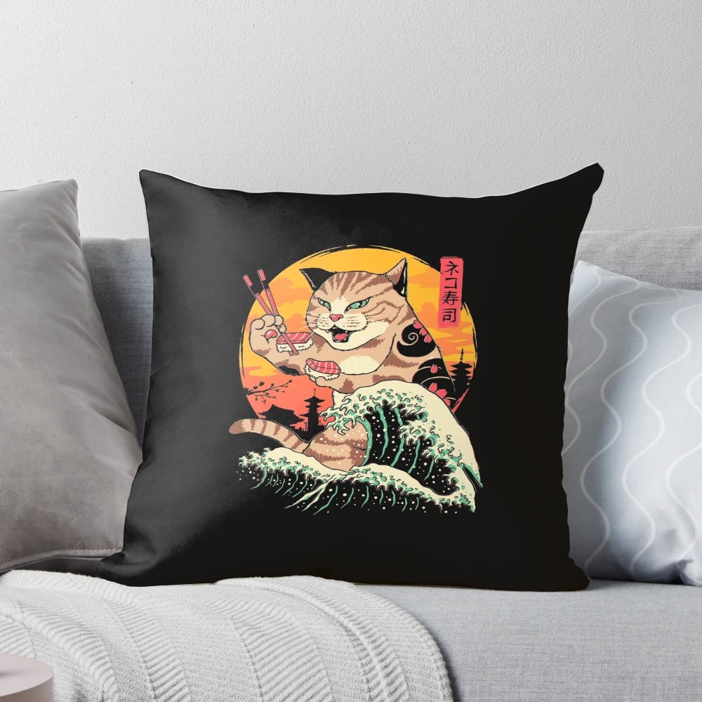 A fluffy, cat-shaped pillow featuring a Japanese-inspired wave design and sushi motif, perfect for adding a touch of whimsical style to any room.