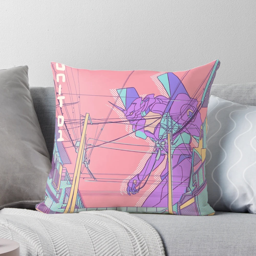 Soft, plush pillow depicting the iconic Unit 01 mech from the anime Neon Genesis Evangelion.