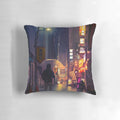 Neon Noir Pillow featuring a colorful cyberpunk street scene with reflections of warm lighting