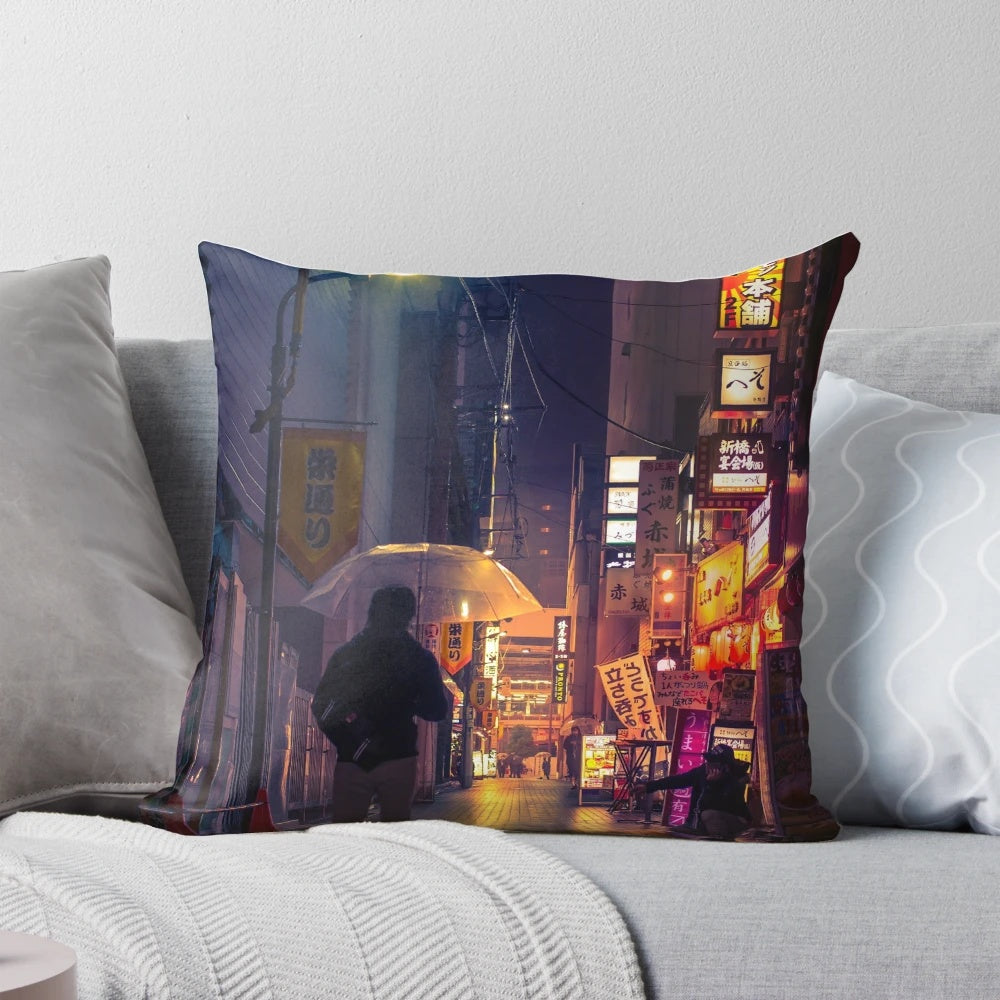 Neon Noir Pillow featuring a colorful cyberpunk street scene with reflections of warm lighting