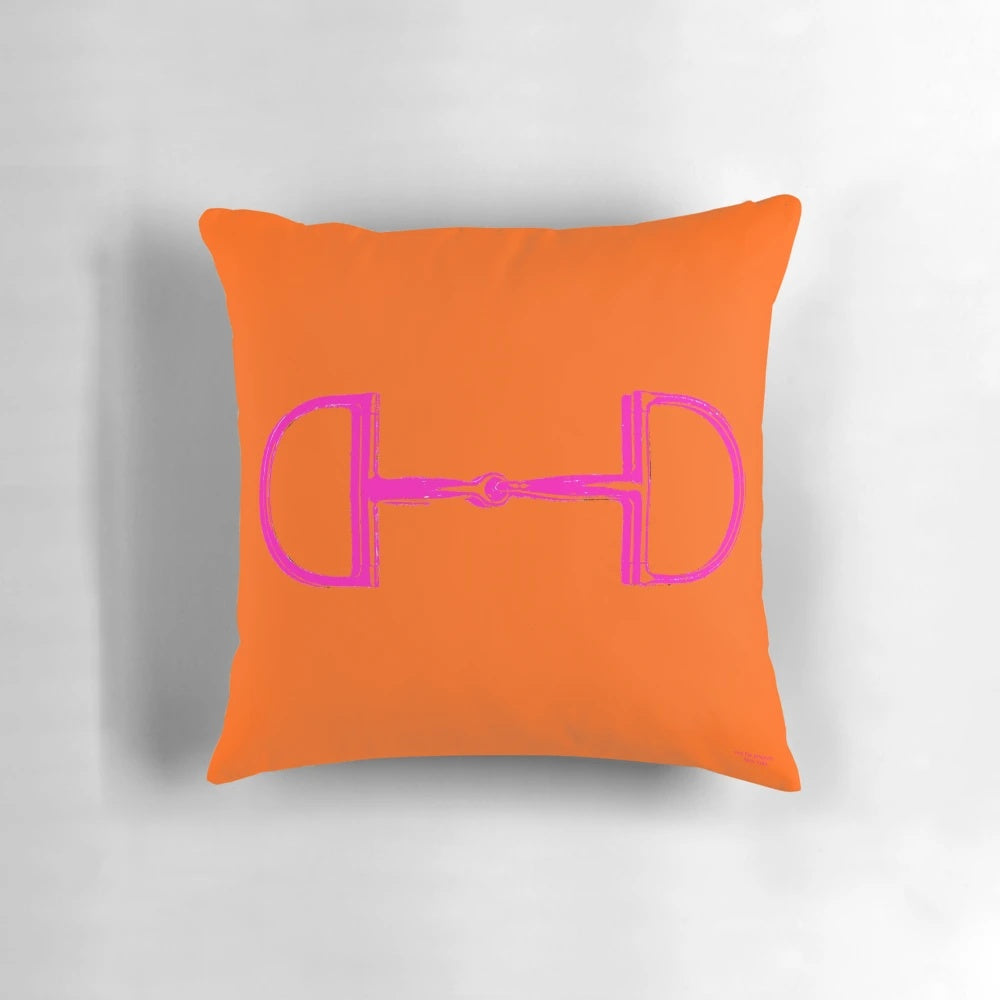 Neon orange and pink horse themed pillow with snaffle bit design