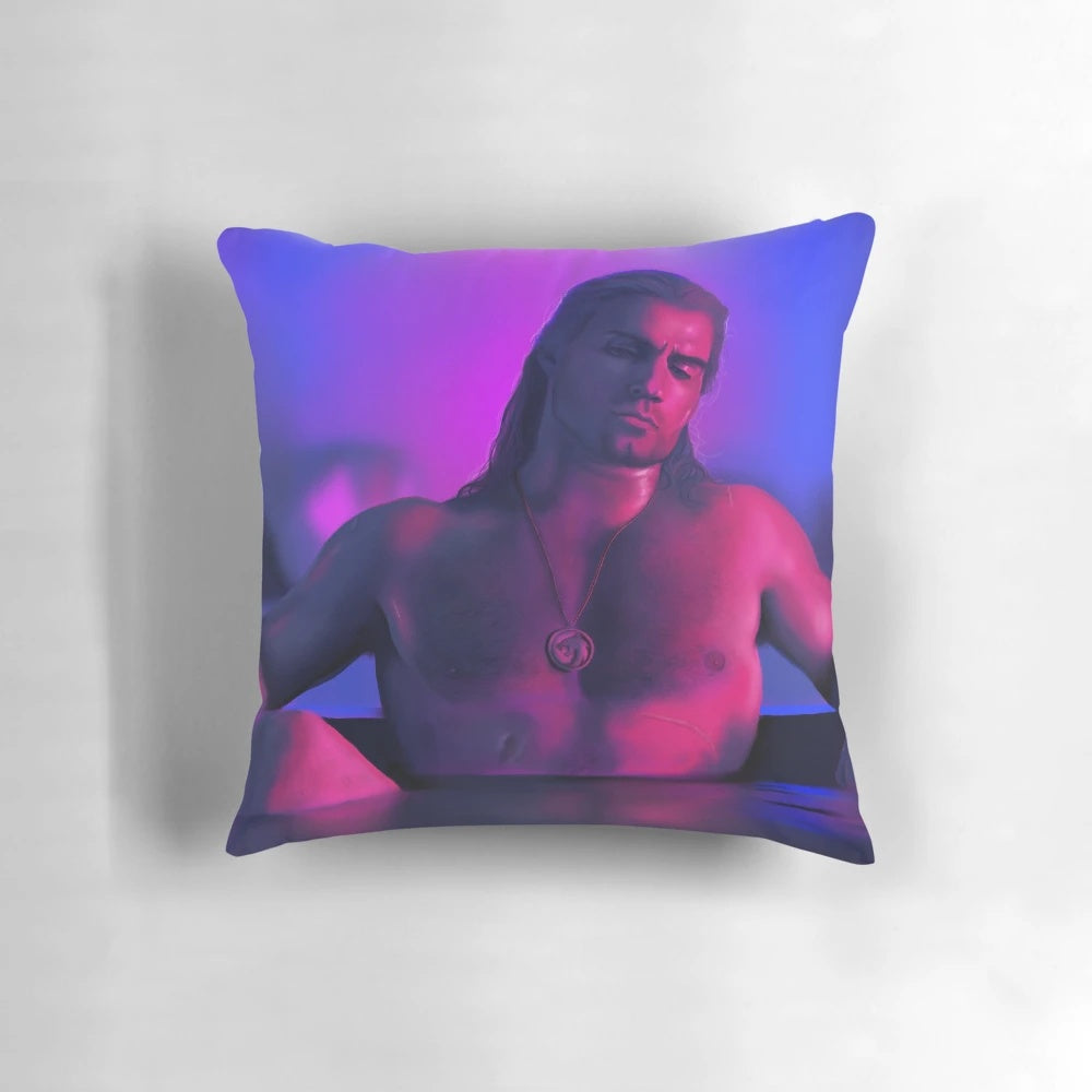 Neon portrait of Geralt of Rivia, the main character from The Witcher series, on a decorative throw pillow.