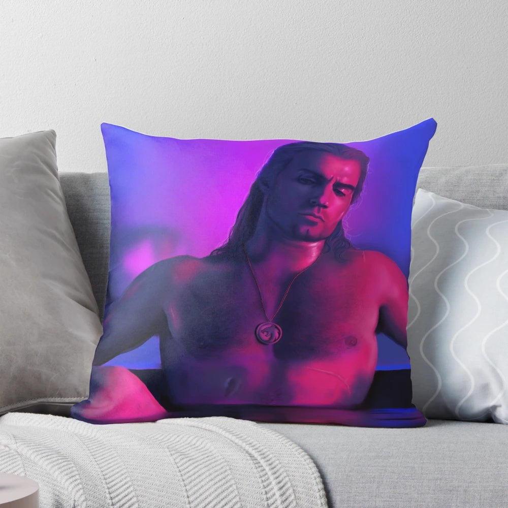 Neon portrait of Geralt of Rivia, the main character from The Witcher series, on a decorative throw pillow.