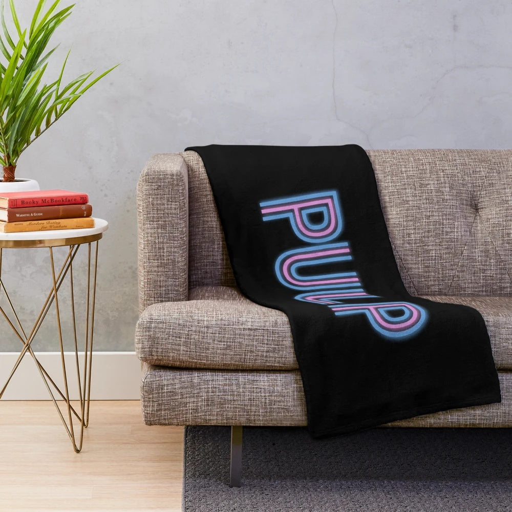 Neon retro plush blanket featuring the Pulp band logo