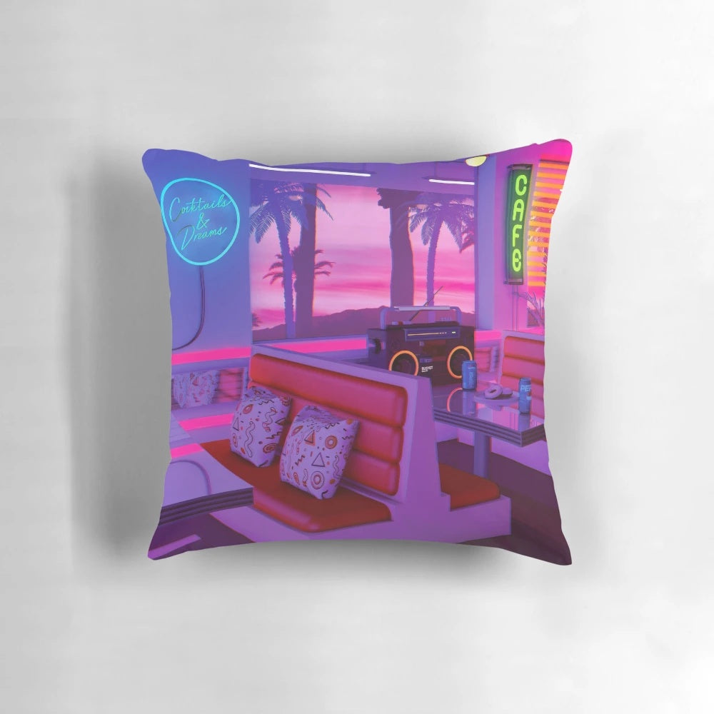 Neon retro synthwave dreamwave pillow with colorful 80s/90s inspired graphics
