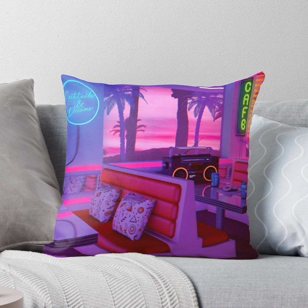 Neon retro synthwave dreamwave pillow with colorful 80s/90s inspired graphics