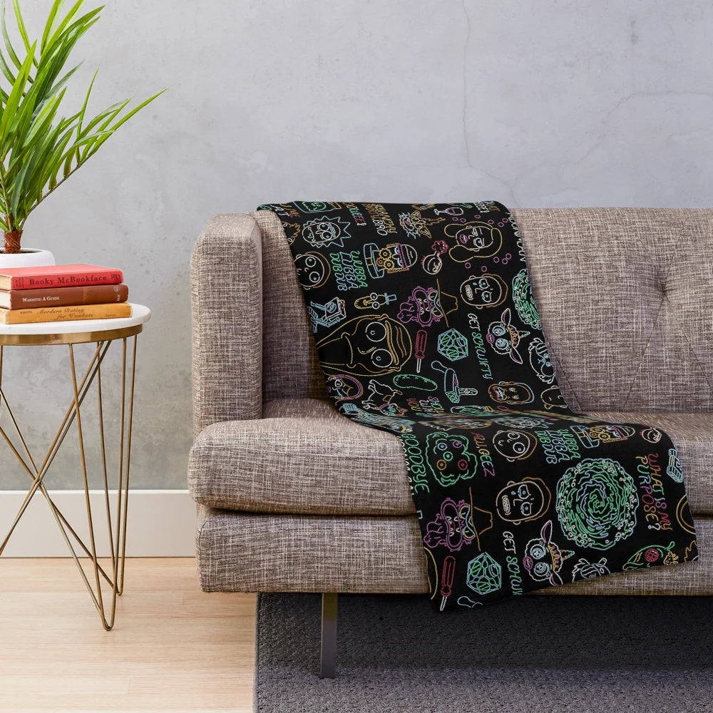 Neon Rick and Morty inspired plush blanket with cartoon characters